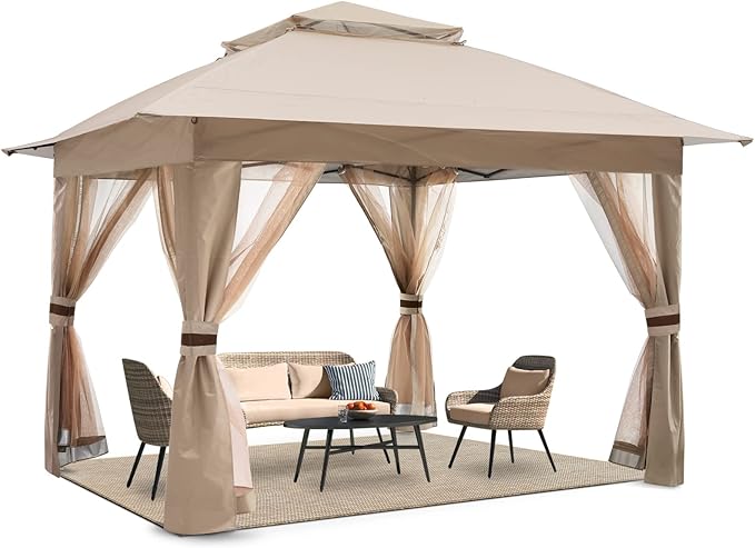 COOSHADE 13x13 Pop Up Gazebo Tent Outdoor Canopy Patio Shelter with Mosquito Netting(Khaki) COOSHADE