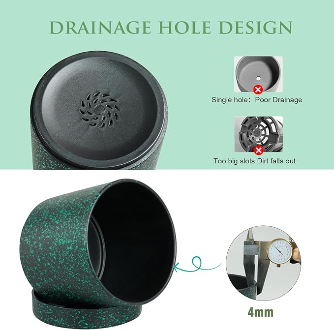 6/5/4 inch Plant Pots, 3 Pack Cylinder Flower Pots for Small Indoor Outdoor Plants, Plastic Planters with Drainage Holes and Saucers for Garden Succulent Plants, Black with Green Speckles Meowell