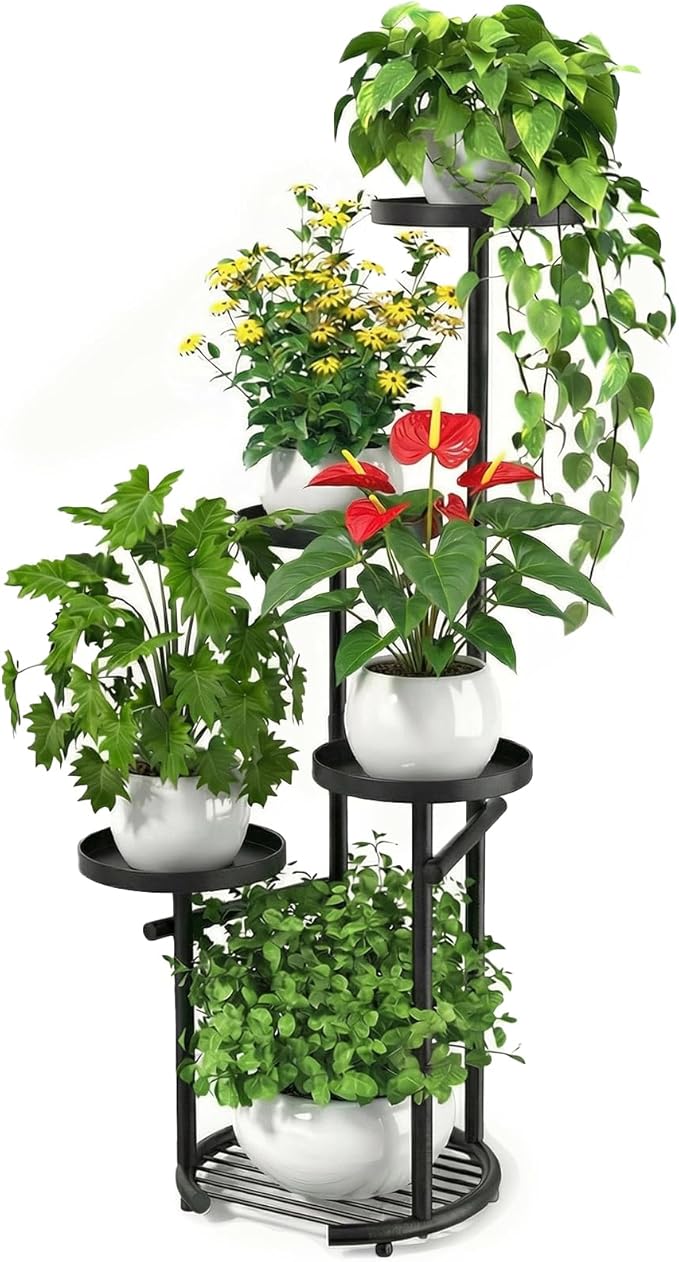 TOSKING 5 Tier Tall Plant Stand Indoor Outdoor, Heavy Duty Corner Plant Stand with Space-Saving Plant Shelf for Multiple Plants| Round Plant Table Design for Living Room Balcony Garden (Black, 38in) TOSKINGESSENCE