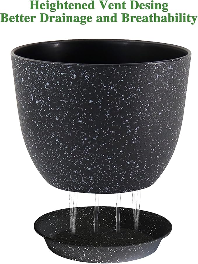12inch Large Plant Pot, Modern Plastic Planter with High Driange Holes and Saucer for Indoor Outdoor Garden Plants and Flowers, Black Speckles UOUZ