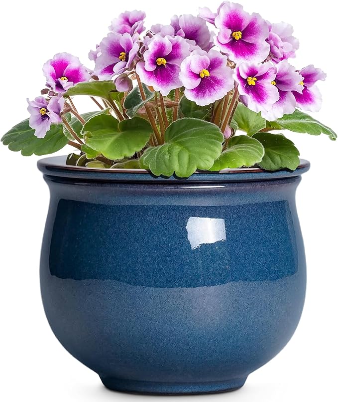 African Violet Pots, 6 Inch Ceramic Easy Self Watering Pots for Indoor Plant, Round Self Watering Planter with Absorbent Inner Pot, Ceramic Flower Pot, Room Decor, Plant Lover Gift, Retro Blue Teagas
