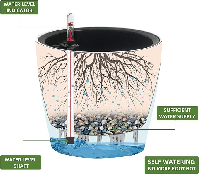 Dexceder 11x10 Inches Self Watering Planter Indoor Outdoor, Inner Pot Design, Thickened Table Flower Plant Pot with Water Level Indicator (Taupe Matte) Dexceder