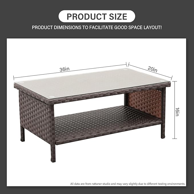 Outdoor Wicker Coffee Table Patio Furniture Garden Rattan 2-Layer Glass Table with Storage and Furniture Cover, Brown Rattaner