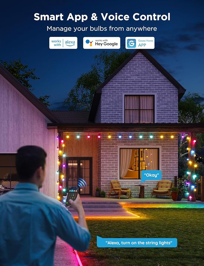 Govee Smart Outdoor String Lights 2, 48ft Outdoor Lights with Dimmable Warm White LED Bulbs, 47 Scene Modes for Patio, Backyard, Balcony, IP65 Waterproof, Works with Alexa, App Control Govee
