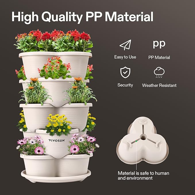 VIVOSUN 2-Pack 5 Tier Vertical Gardening Stackable Planter for Strawberries, Flowers, Herbs, Vegetables, Ivory VIVOSUN