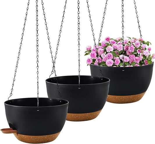 10 inch Hanging Planters for Indoor Plants, 3 Pack Self-Watering Hanging Planter Pots with Chain and Drainage Holes, Outdoor Hanging Baskets for Garden Home Decor (Black With Brown, 3pcs/10inch) Rootora