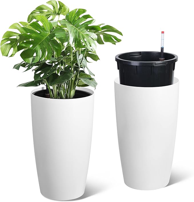 GarveeLife Set of 2 Tall Planters for Outdoor Plants, 22 in Large Planters for Outdoor Indoor Plants with Water Level Monitor ＆ Inner Bucket, Automatic Watering, for Porch, Patio, Backyard, White GarveeLife