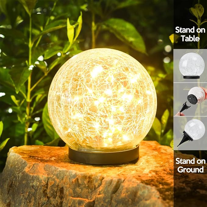 Outdoor Waterproof IP65 Solar Globe Lights, Led Solar Light Balls for Lawn Garden Patio Table Art Decoration, Yard Landscape Illuminated Cracked Glass Sphere Gazing Ball Lights, Round Ornaments Orbs Rootora