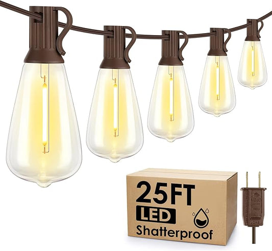 25FT Outdoor String Lights, Patio Lights with 10+1 LED Dimmable Waterproof Shatterproof Linkable ST38 Bulbs for Fence Porch Gazebo, Brown Larkvue
