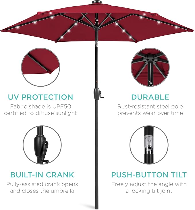Best Choice Products 7.5ft Outdoor Solar Market Table Patio Umbrella for Deck, Pool w/Tilt, Crank, LED Lights - Burgundy BestChoiceProducts