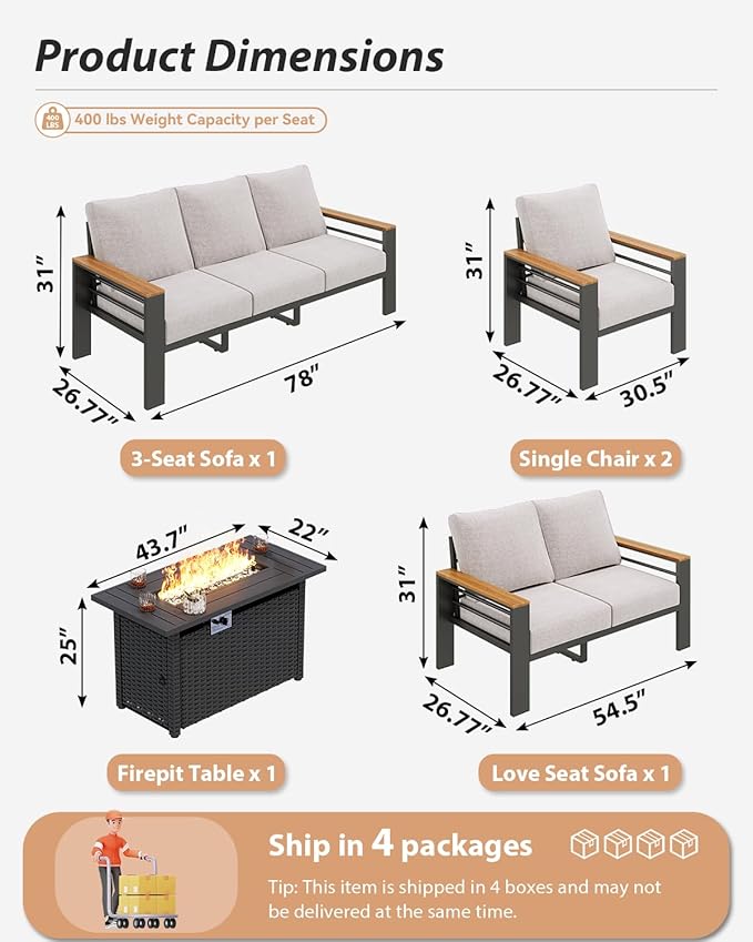 Aoxun Aluminum Outdoor Patio Furniture Set, 8-piece Outdoor Sectional with 44'' Propane Gas Firepit Table, Patio Conversation Sets with Upgraded Armrests and Cushions for Backyard, Garden and Poolside Aoxun