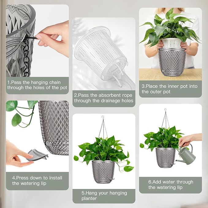 QCQHDU Self Watering Hanging Pots, 2 Pack 5.7 Inch Hanging Planters for Plants Indoor, Outdoor Flower Pots with Drainage Holes and 3 Hooks Chains for Garden Home (Gray) QCQHDU