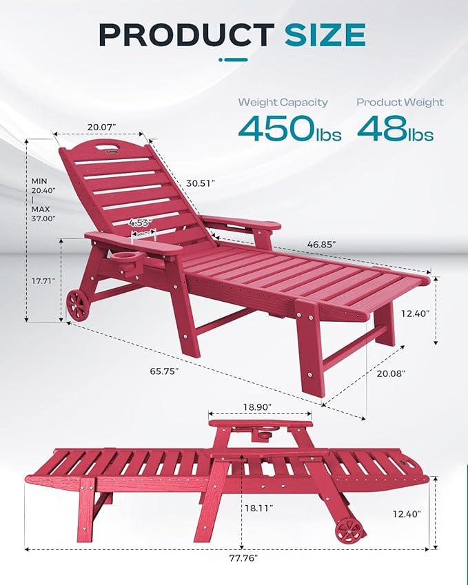 Outdoor Chaise Lounge Chair Set of 2, Patio Lounge Chairs for Outside, HDPE Lounge Chair with Wheels & Cup Holder, Poly Chair with 5 Position for Poolside, Deck, Red CIOKEA