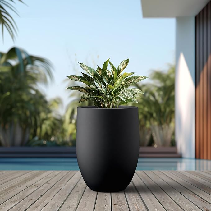 Kante 21.7 Inch Tall Concrete Planter, Large Indoor Outdoor Plant Pot with Drainage, Smooth Black Finish with Painted Interior, Ideal for Porch, Home, Garden, Patio Kante