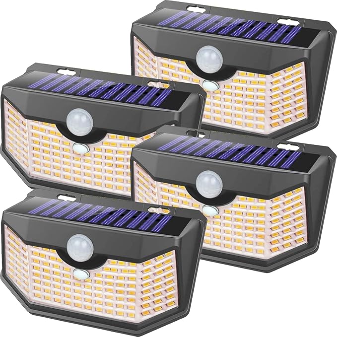 HMCITY 120 LED Outdoor Solar Lights- with Motion Sensor and 3 Lighting Modes, IP65 Waterproof Wide Solar Wall Lights Ideal for Garden Patio Yard (Front Button 4Packs, Black Shell-Warm White) LightingUpYourLife