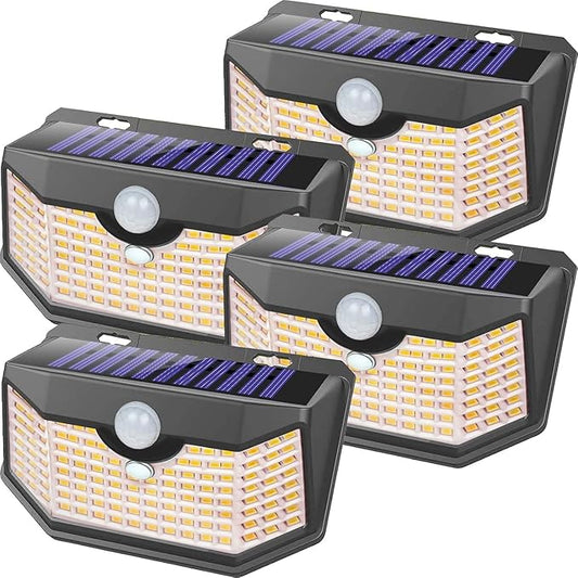HMCITY 120 LED Outdoor Solar Lights- with Motion Sensor and 3 Lighting Modes, IP65 Waterproof Wide Solar Wall Lights Ideal for Garden Patio Yard (Front Button 4Packs, Black Shell-Warm White) LightingUpYourLife