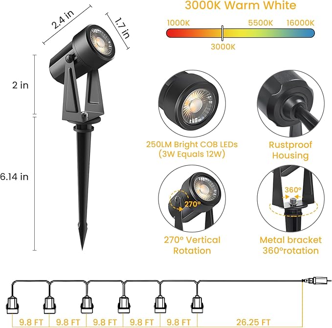 Svater Low Voltage Landscape Lighting Outdoor, 3W 250 LM Plug-in Outdoor Spotlights with Transformer for House Yard Pathway, 3000K Warm White Spot Lights IP65 Waterproof - 6 Pack Svater