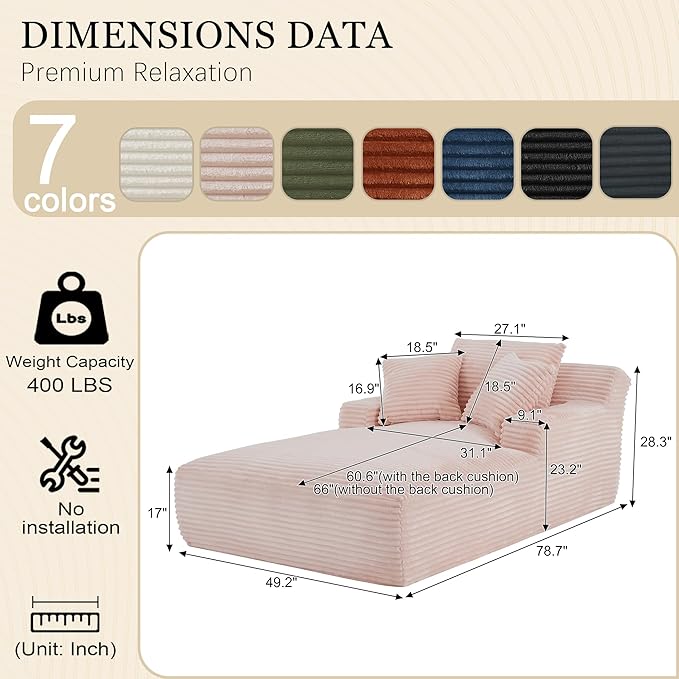 Chaise Lounge Chair Indoor, 50 Inch Oversized Corduroy Upholstered Boneless Sofa Bed, Deep Seat Sleeper Couch Reading Chairs, Cloud Sofas Couches for Living Room (Pink, 50" W x 80" D) HANXIN