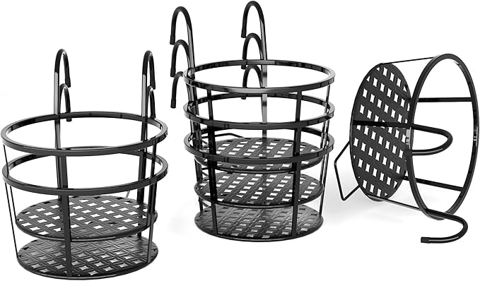 CADANI Iron Hanging Plant Holder Over The Rail Metal Fence Planters, Hanging Bucket Flower Pot Holder for Patio Balcony Outdoor Plants - Pack of 6 (Black) CADAINPlantStandOutdoor