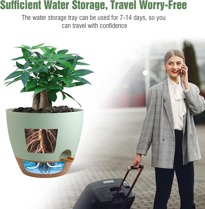 12 inch Large Self Watering Pots, Plastic Planters with 60oZ Removable Deep Reservoir and Multi Mesh Drainage Holes for Indoor Outdoor Garden Plants and Flowers, Green with Brown UOUZ