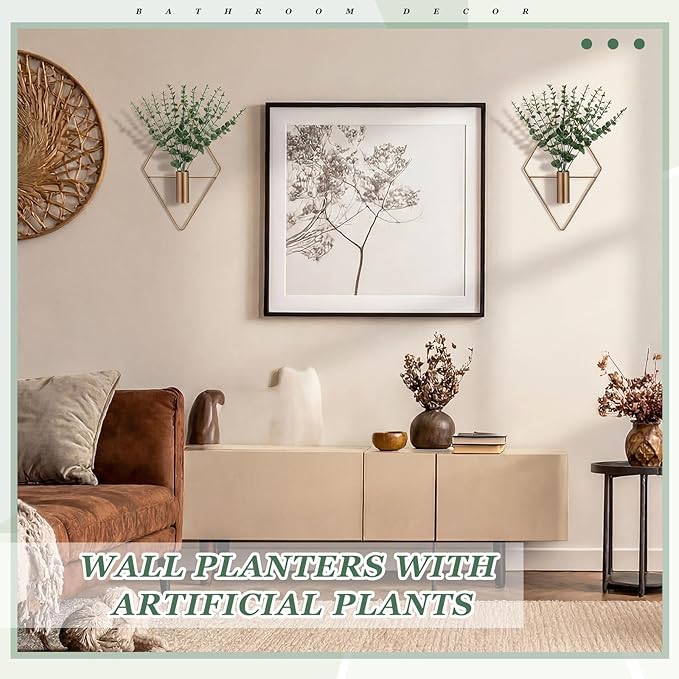 4 Pieces Bronze Wall Decor Hanging Planters with Artificial Plants Metal Hanging Vase Indoor Plants Holder Modern Boho Wall Art for Bathroom Bedroom Living Room Decor, Eucalyptus Canlierr