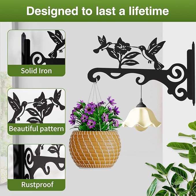 Elegant Bird Pattern Wall Hooks - 10/12/14 Inch Metal Plant Hangers for Indoor & Outdoor - Rust-Resistant Bracket for Plants, Feeders, Chimes, Lanterns (2, Black, 10 inch) mekpiwu