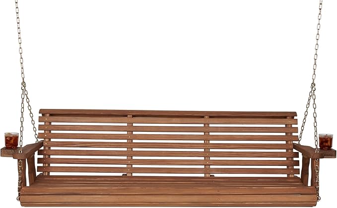 Amish Casual 6 Foot Roll Back Porch Swing with Cup Holders in Oak Stain - Amish Made in The USA from Treated Pine Heavy Duty 700 Lb. Weight Capacity AmishCasual