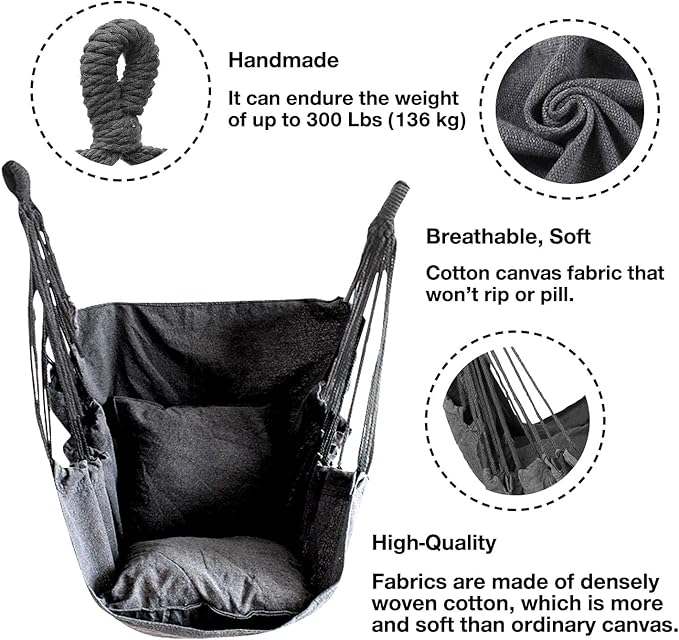 Hommtina Hammock Chair Hanging Rope Swing, Max 300 Lbs Hanging Chair with Pocket & Durability Perfect for Outdoor, Home, Bedroom, Patio, Yard (Pillows NOT Included,Dark Gray) Hommtina