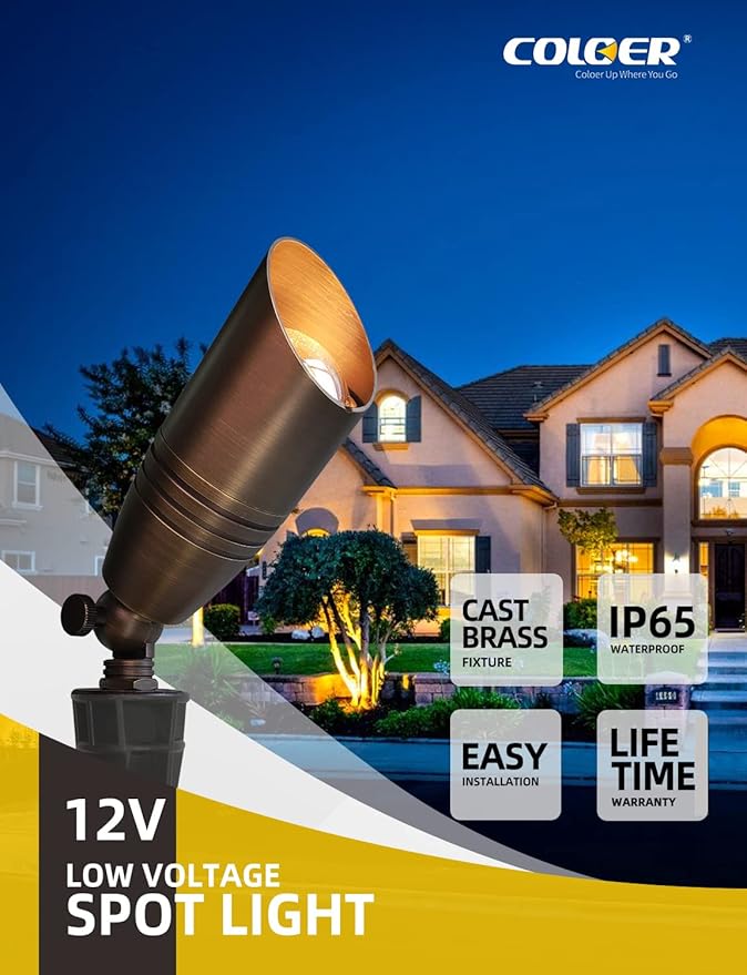 COLOER Brass Landscape Spotlights, 6 Pack Landscape Light Fixture with 5W Aluminum Housing MR16 LED Bulb 2700K 450LM,12V AC/DC Low Voltage Outdoor Spot Lighting,Uplight for Garden and Patio(102B) COLOER