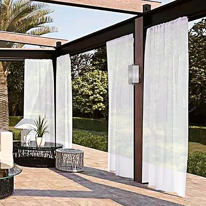 SpaceDresser Waterproof Outdoor Sheer Curtains for Patio - 4 Panels Rod Pocket Indoor Voile Sheer Curtain for Living Room,52W x 96L inch, White SpaceDresser