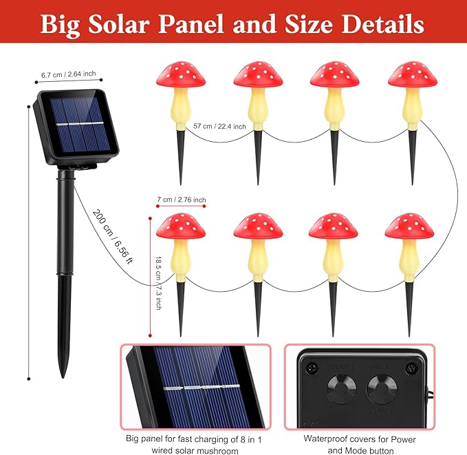 Mushroom Solar Lights Outdoor Waterproof, Whimsical and Cute Solar Mushrooms Stake Lights for Outside with 8 Lights and 8 Modes for Fariy Garden Yard Lawn Path Planter Flower Bed Decor (Red) ReyeeInc
