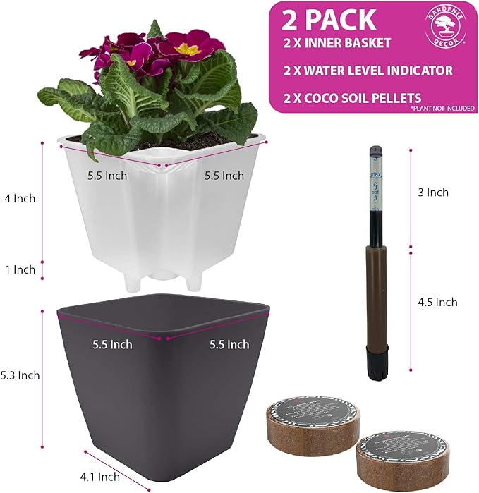 GARDENIX DECOR 5" Self Watering pots for Indoor Plants - Flower Pot with Water Level Indicator for Plants, Grow Tracking Tool - Self Watering Planter Plant Pot – 2 Pack Gray Rootora