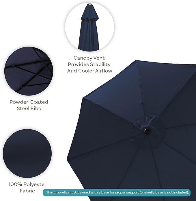 Sunnydaze Outdoor Patio Umbrella - Polyester Table Market Umbrella with Push-Button Tilt and Crank - 8 Sturdy Ribs - Navy Blue - 9ft SunnydazeDecor