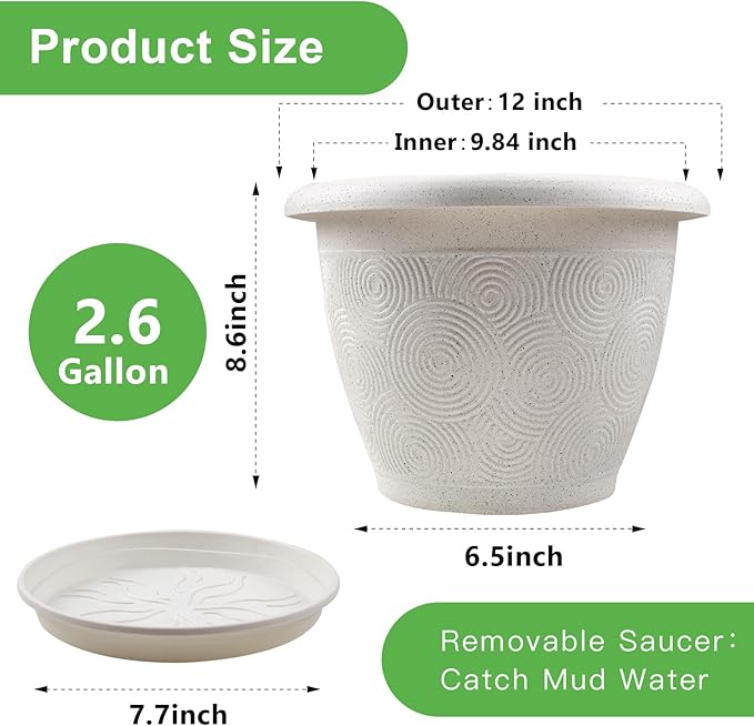 Plastic Flower Pots Planters for Indoor Plants, 4 Pack 12 Inch White Plant Pots with Drainage Hole & Tray, Modern Decorative Large Plant Pot with Saucer for Indoor Outdoor Plants Garden House Planter Fodetyff