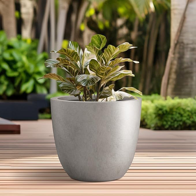 Kante 10 Inch Dia Round Concrete Planter, Indoor Outdoor Large Plant Pot with Drainage Hole and Rubber Plug for Home Patio Garden, Weathered Concrete Kante
