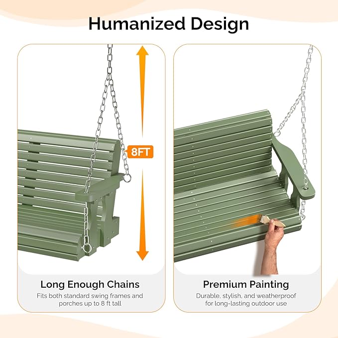 VINGLI Upgraded Patio Wooden Porch Swing for Courtyard & Garden, Heavy Duty 880 LBS Swing Chair Bench with Hanging Chains for Outdoors (Green, 5 FT) VINGLI