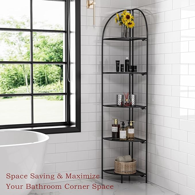 Crofy Foldable 5 Tier Corner Shelf, Metal Corner Plant Stand with Black Frame and Black Shelves, Corner Display Rack Multipurpose Shelving Unit for Living Room, Bedroom, Bathroom CrofyLLC