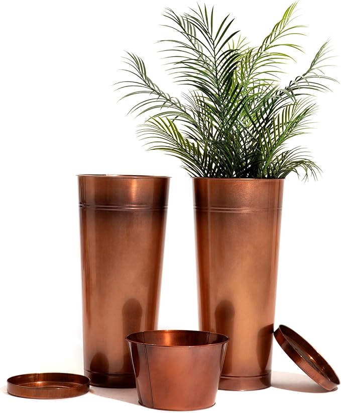 28in Tall Copper Planters Set of 2,Galvanized Steel Tall Outdoor Planter for Indoor/porches- Copper Color(2planters,2inner pots with Holes,2trays) Ultiteque