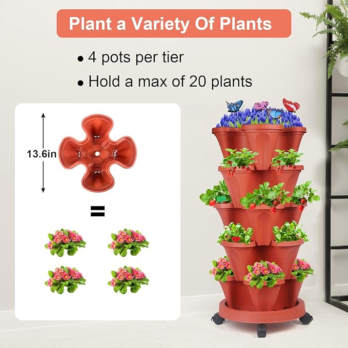 GameXcel Vertical Planter, 5 Tier Stackable Strawberry Planter with Garden Tool Set, Movable Indoor/Outdoor Garden Herb Pot for Growing Vegetables and Succulents, Red GameXcel