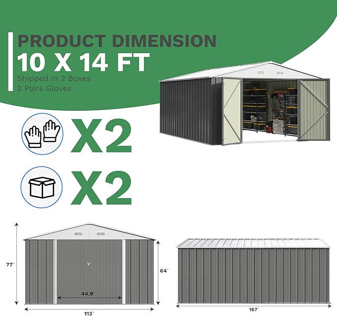 Patiowell 10x14 FT Outdoor Storage Shed, Large Metal Garden Shed with Lockable Door and Sloping Roof, Outside Steel Utility Tool Sheds for Backyard Lawn Garden Patio, Grey Patiowell