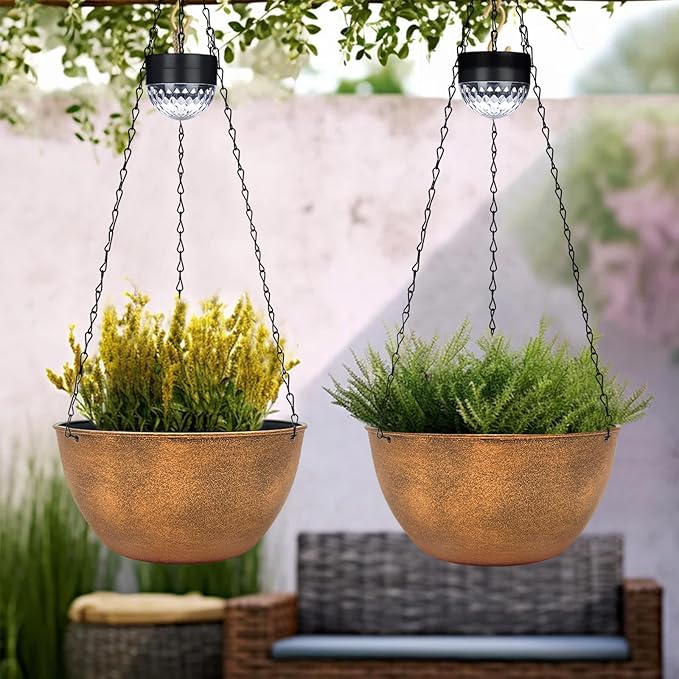 2 Packs Hanging Planters Basket for Outdoor Plants, Solar Powered Self Watering Bronze Round Plastic Flower Pots with Drainer for Balcony Patio Garden Outdoor Decoration SUNNYPARK