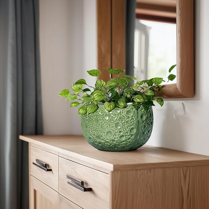 8 Inch Plant Pot - Ceramic Pots for Plants with Drainage Hole, Round Decorative Plant Pots for Indoor Outdoor, Modern Unique Flower Pot, Office Decor, Garden Gifts, Green Thirtypot