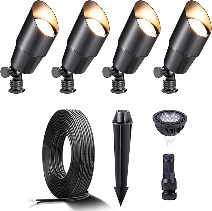 Gardenreet Black Brass Landscape Lighting Kit (4-Pack LED Spotlights) with 100 Feet Cable and 20Pack Wire Connectors for Outdoor House Garden Patio Without Low Voltage Transformer Gardenreet