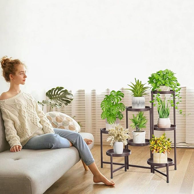 iDavosic.ly 7 Tier Large Plant Stand Indoor, 10 Inch Wide Tall Corner Metal Plant Stands Outdoor for Multiple Plants, Folding Tiered Flower Display Holder Rack Shelf, Violet Bronze iDavosicly