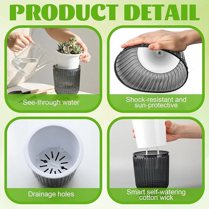 Set of 6 Self Watering Plant Pot 3 Sizes Plastic Double Layer Self Watering Flower Pot with Multi Mesh Drainage Holes Wicking Reservoir for Indoor Outdoor Garden Plants(Black) Rootora