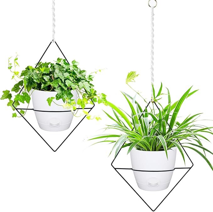 Hanging Planters for Indoor Plants, 2 Set Self Watering Hanging Flower Pots, Modern Hanging Plant Baskets with Metal Plant Holder & 6.5 Inch Plastic Pots for Garden Home Decor (White) Koalaime