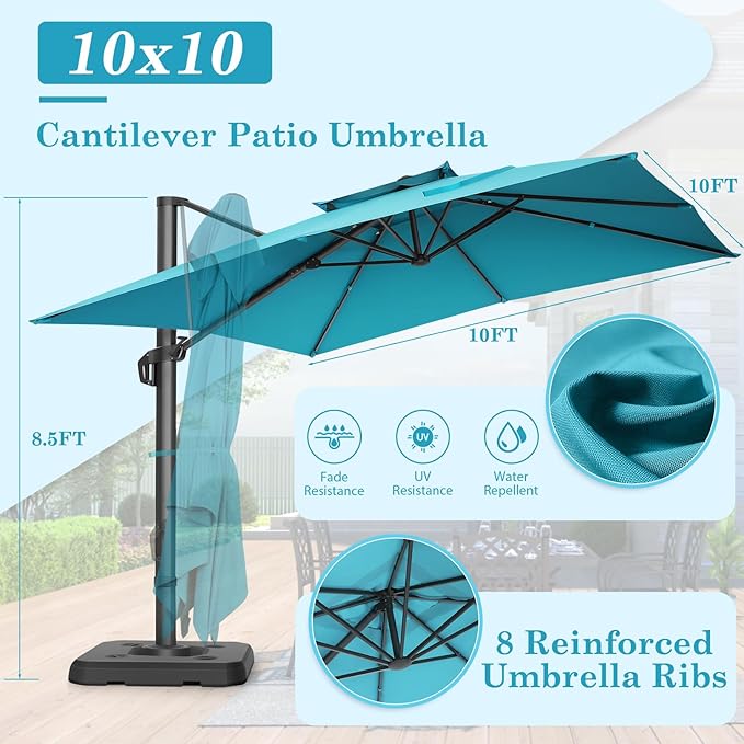 HOTEEL10x10ft Patio Umbrella Cantilever Umbrellas - Upgrade and Intensify - 360 Rotation and 5 Angles Adjustment - Aluminum Offset Pool Umbrella Outdoor Umbrellas for Patio Garden Pool HOTEEL