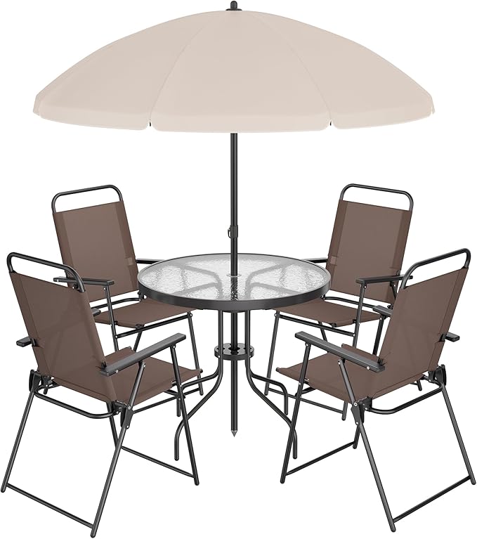 Shintenchi 6 Piece Patio Dining Set with Umbrella, Outdoor Furniture Set with 4 Folding Chairs and Tempered Glass Top Dining Table fot Lawn Backyard Garden Porch Brown and Beige Shintenchi