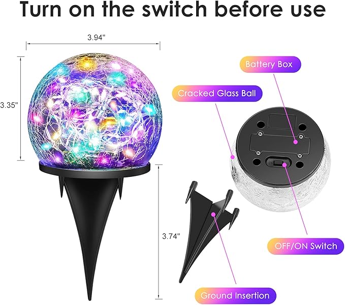 2 Pack 60 LED Garden Solar Lights Outdoor Decorative, Colored Cracked Glass Solar Globe Lights, Upgraded Waterproof Multicolor Ball Lights for Yard Pathway Patio Lawn Outside Decor Keevvon