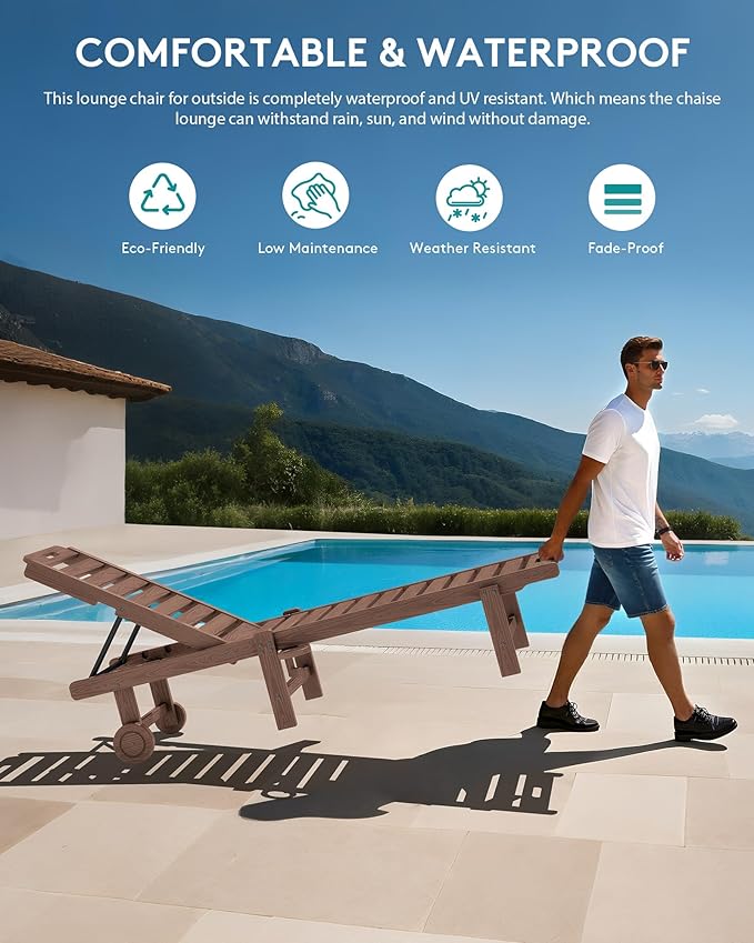 SERWALL Patio Chaise Lounge, HDPE Outdoor Lounge Chair with Cup Holder, 5 Positions Adjustable Poly Lounger with Rolling Wheels for Poolside, Deck, Sunbathing, Brown SERWALL